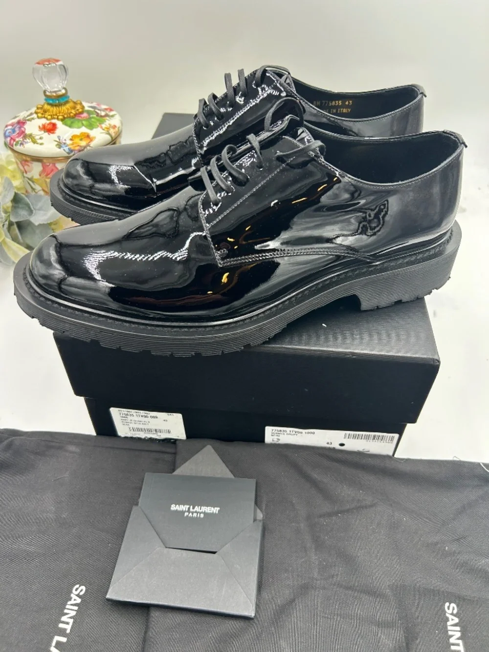 Men’s St. Laurent Black Patent Leather Derby Lace-Ups.  Size 43/10 US.